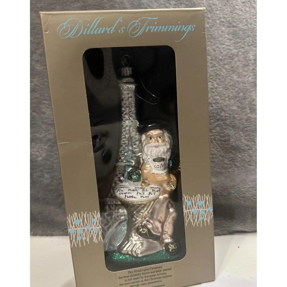 Santa Enjoying A Latte Eiffel Tower Dillard's Trimmings Glass Christmas Ornament